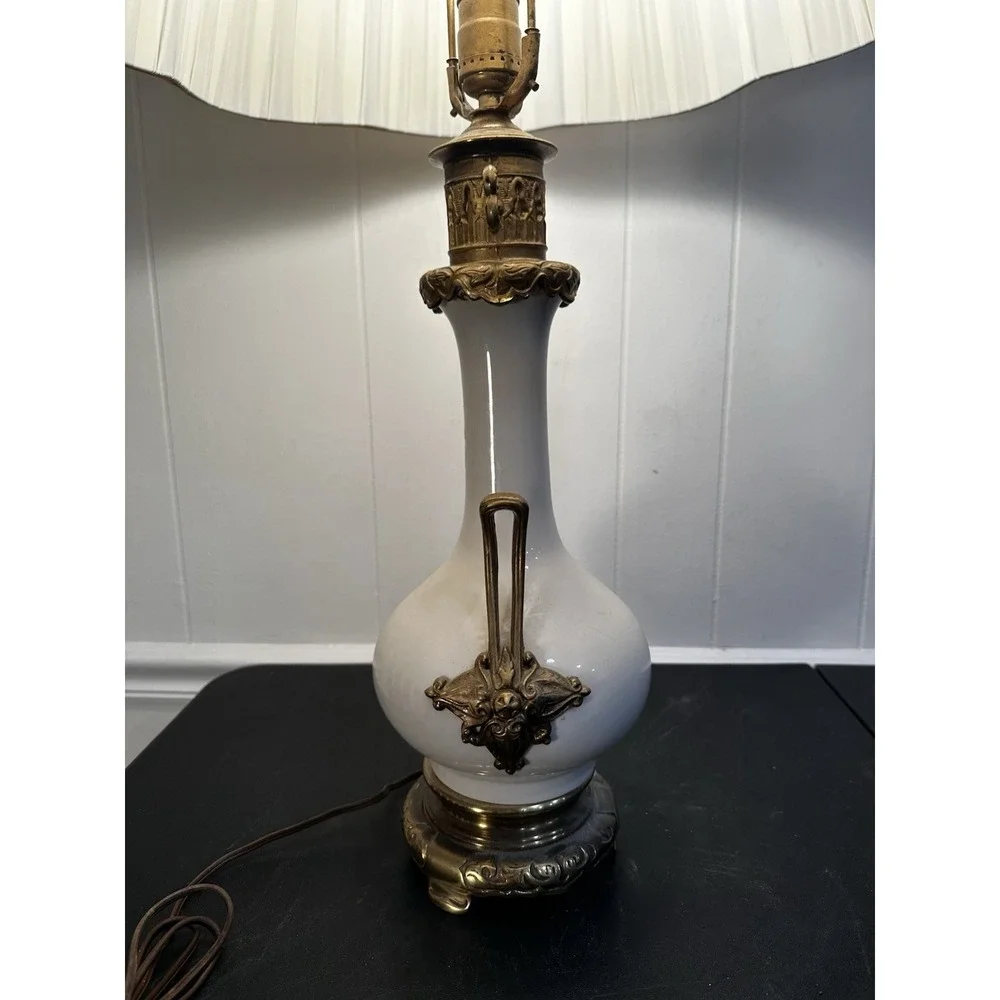 Vintage Tyndale China Table Lamp White Porcelain Brass Tone Ornate Handles Pleat
